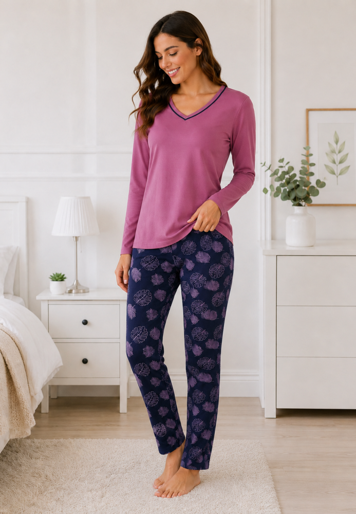 Pijama de damă cu bluză cu maneca lunga și pantaloni lung -Mov,Engros